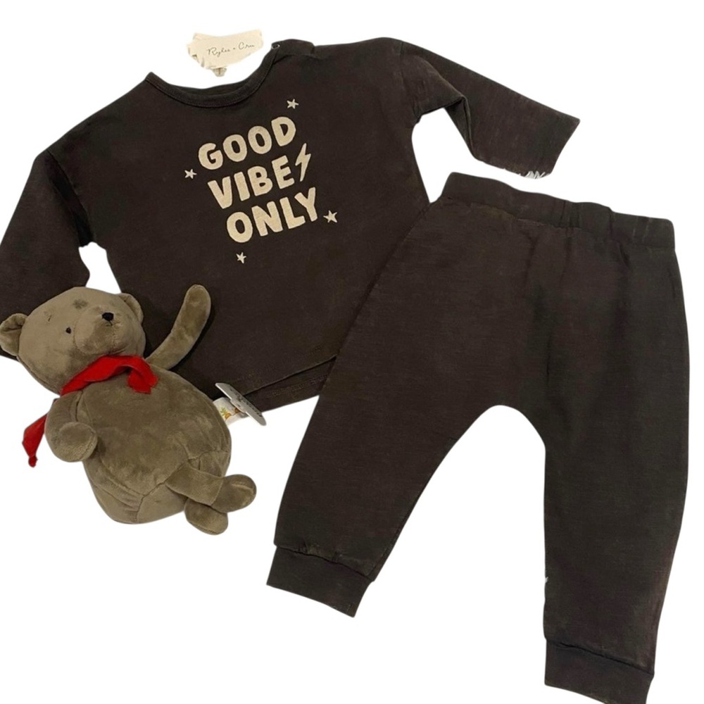 NWTS- Rylee + Cru/Good Vibes Only Brown Outfit/Pants and top, Sz 12-18 months